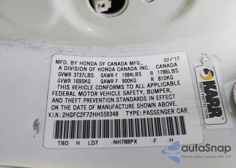 2017 Honda Civic Ex from USA, damaged, VIN 2HGFC2F72HH559348